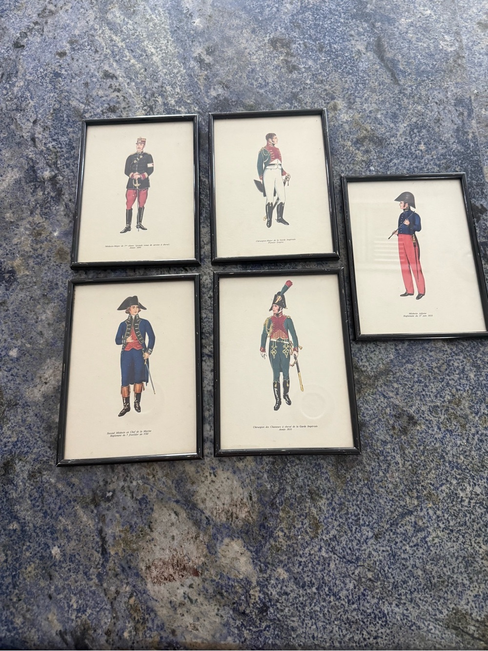Set of 5 Small Vintage Framed French Military Uniform Prints ready to hang